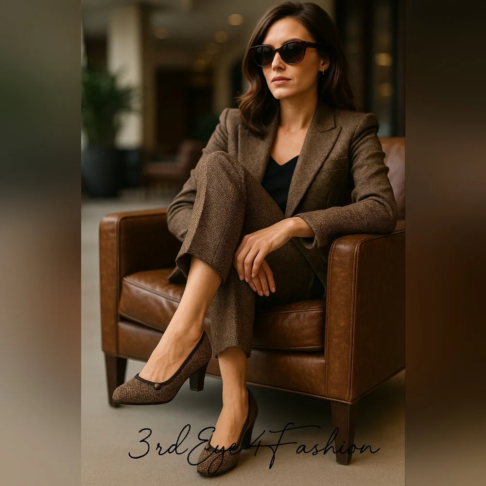 Soft Style Tweed Herringbone Heels Brown Plaid Pump Classic Retro Chic 👠✨ - Picture 2 of 16
